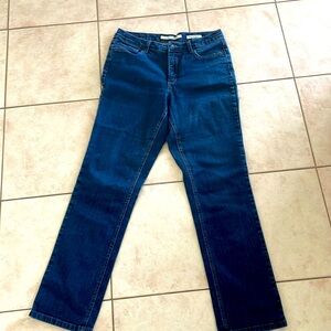 Blue jeans , sits just below waist, regular length